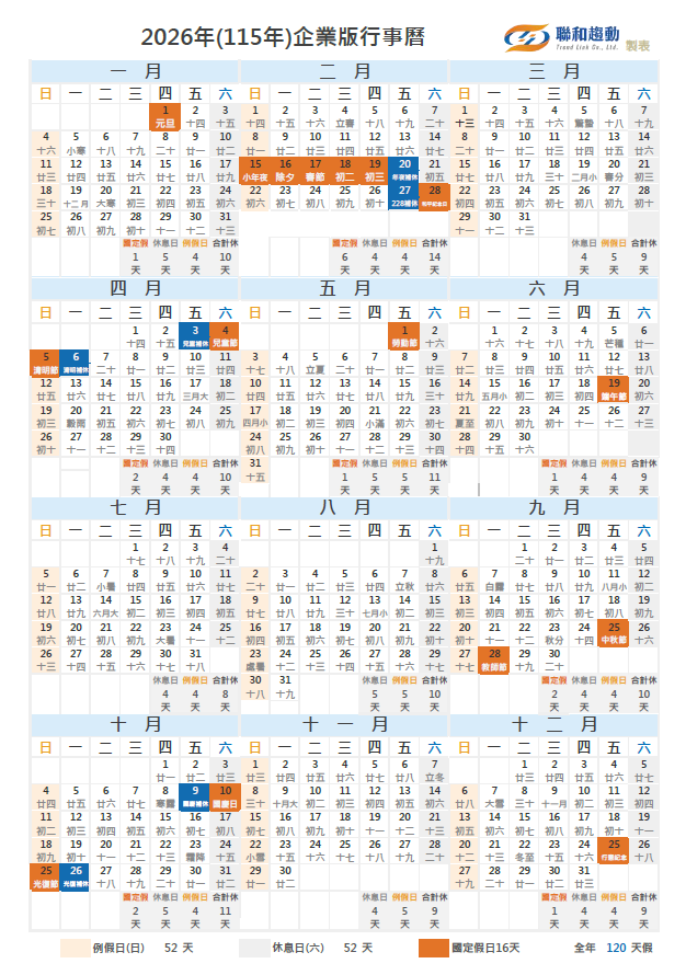 2026年 民國115年 企業版 年度行事曆 聯和趨動 Trendlink 勞資顧問 企管顧問