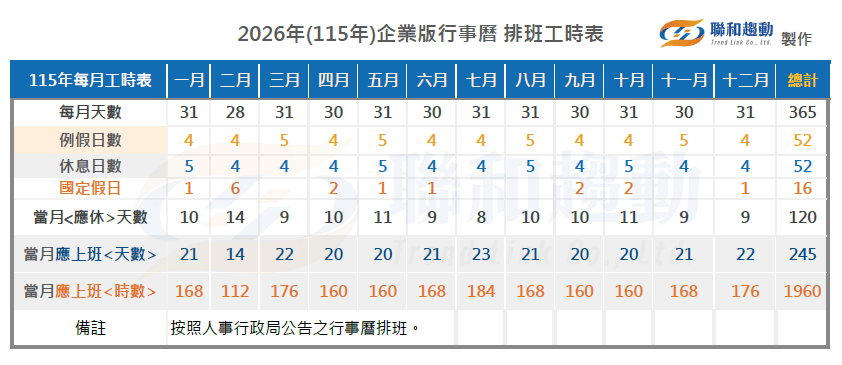 2026年 民國115年 企業版 年度行事曆 排班工時表 聯和趨動 Trendlink 勞資顧問 企管顧問